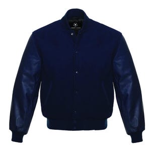 Chaqueta universitaria azul marino completa para hombre y mujer. Bordado personalizado opcional. Chaquetas universitarias modernas para hombre.