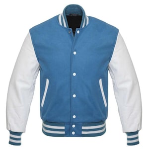 Chaqueta universitaria azul claro para hombre y mujer con bordado personalizado opcional. Chaquetas universitarias unisex.