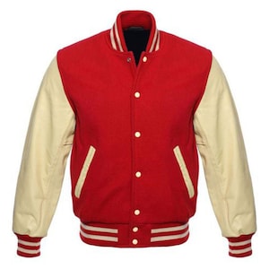 Röd universitetsjacka med specialdesign för män och kvinnor, direkt broderi (tillval), ull med läderärm, Letterman-jackor