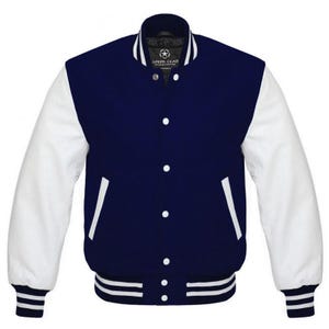 Jaqueta universitária azul marinho para homens e mulheres. Bordado personalizado opcional. Jaquetas universitárias unissex.