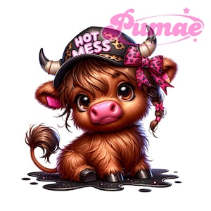 Vaca Highland Hot Mess PNG para sublimação e DTF - Vaca Bougie com chapéu e laço de estampa de leopardo, design engraçado de garota country, download instantâneo