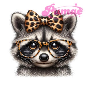 Niedliches Waschbären PNG für Sublimation und DTF - Aquarell Waldtier mit Leopard Schleife, Waldbaby Design, kommerzielle Nutzung, Sofort Download