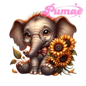 Elefante bebé con girasoles PNG para sublimación y DTF, diseño de gafas y pajarita, arte para camisetas infantiles, descarga digital instantánea