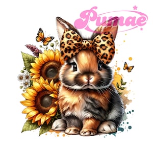 Coniglietto PNG per sublimazione e DTF - Coniglio acquerello con girasoli, simpatico design di animali da fattoria per stampe per bambini, uso commerciale