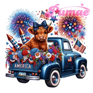 4th of July Highland Cow PNG, Highland Cow Clipart, 4th of July Truck, Coquette Highland Cow Shirt Design, Sublimation Files, Commercial Use