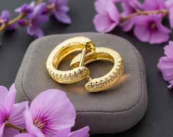 Plated Sterling CZ Huggies | Small Round Design | Small Circle| Hoops Dainty Line Post Style | Conch Cartilage Accessory | Gift for Her