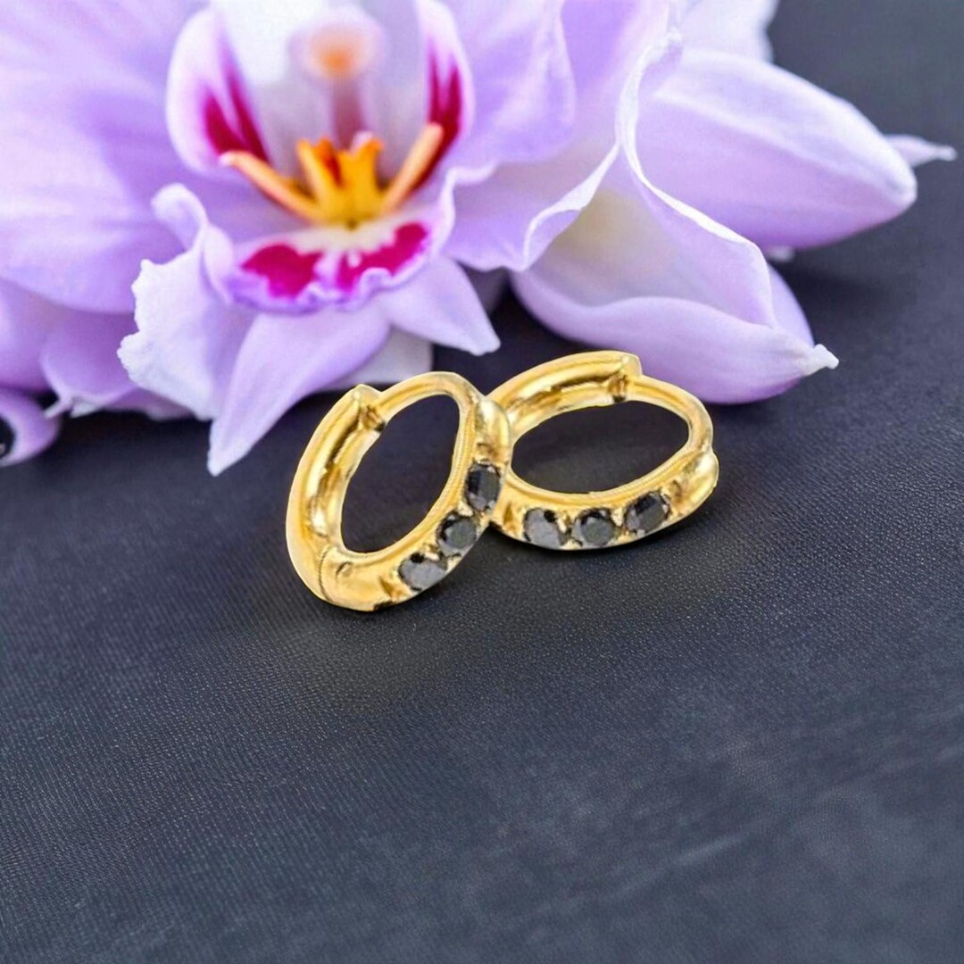Minimalist Black CZ Huggies | 6mm Gold Small Rings | Hypoallergenic ...