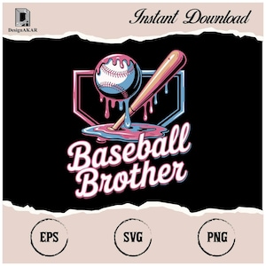 Puede incluir: Gráfico con temática de béisbol con un diseño de pelota, bate y plato de home. La pelota es azul y rosa con un efecto de goteo. El texto "Baseball Brother" está en cursiva. También se incluyen iconos de tipo de archivo.
