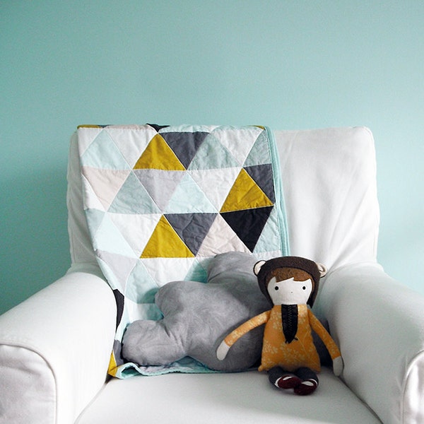 Modern Geometric Baby Quilt in Mint and Multi Color Triangles for Boy or Girl – Reversible