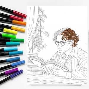 Página para colorir de livros para imprimir • Folha para colorir de fantasia romântica • Download instantâneo de PDF para amantes de livros