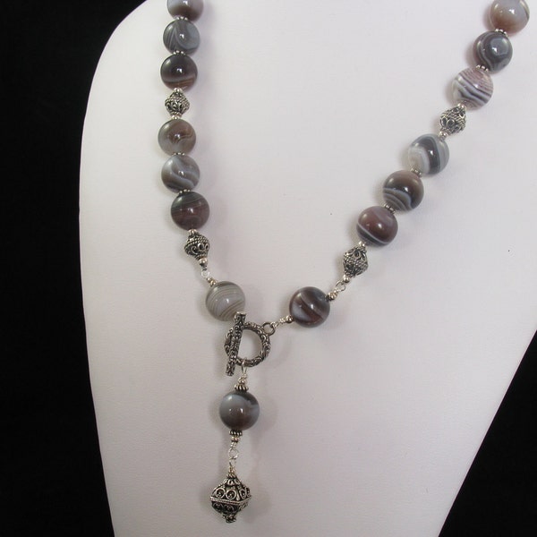 HANDMADE, Genuine Botswana Agate, Wire Wrapped, 925 Bali Front Toggle Closure, Sterling Necklace