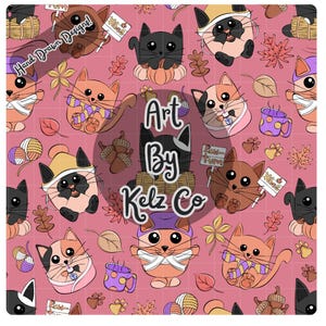 Puede incluir: Un diseño repetitivo sobre un fondo rosa con gatos de dibujos animados, hojas de otoño, bellotas y tazas de café. Los gatos son de varios colores y poses, algunos con sombreros y bufandas. El texto "Art By Kelz Co" está en el centro.