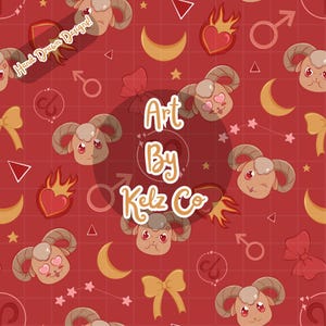 Può includere: Un motivo ripetuto con teste di ariete dei cartoni animati, lune, cuori, fiocchi, stelle e forme geometriche su sfondo rosso. È presente anche il testo "Art By Kelz Co" e "Hand Drawn Designs!"