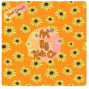May include: A seamless pattern featuring hand-drawn yellow sunflowers with black centers on an orange background. The text "Art By Kelz Co" is in a circle in the center of the pattern.