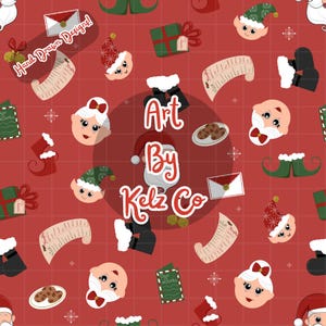 May include: A Christmas-themed pattern on a red background. The design includes Santa Claus, elves, Mrs. Claus, gift boxes, cookies, letters, and stockings. The text "Hand Drawn Designs!" and "Art By Kelz Co" are also present.
