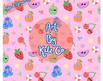 Kawaii Summer Fruits Seamless Pattern| Cartoon Tropical Fruit Digital Paper| Summer PNG