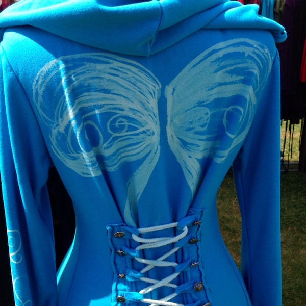 Corset lace turquoise bamboo Wings hoodie jacket hand painted steampunk fairy pixie  pirate Faye tality couture