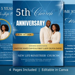 May include: A blue and white flyer for a church anniversary. The flyer features a photo of a smiling couple, the text "5th Church Anniversary," and the date "June 20th 2026." It also includes the text "New Life Ministries Church."