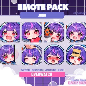 Puede incluir: Un paquete de emotes "JUNO" con una paleta de colores morados y azules, que incluye ocho emotes. Cada emote muestra un personaje con cabello morado y ojos rojos, expresando diferentes emociones. El texto "TWITCH | DISCORD | YOUTUBE | KICK" y "OVERWATCH" está incluido.