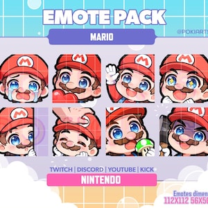 Puede incluir: Un paquete de arte digital con emotes de Mario. Los emotes muestran varias expresiones, incluyendo llorar, sostener un corazón, saludar y sostener una seta. El texto "EMOTE PACK MARIO" está en la parte superior, con "TWITCH | DISCORD | YOUTUBE | KICK" y "NINTENDO" en la parte inferior.