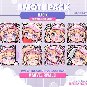 Puede incluir: Paquete de emoticonos con ocho expresiones únicas de personajes de estilo anime. El personaje tiene pelo rosa, ojos azules y lleva una visera rosa y auriculares con orejas de gato. El texto incluye "EMOTE PACK", "MAGIK", "NEW MILLENIA MIGHT", "TWITCH | DISCORD | YOUTUBE | KICK" y "MARVEL RIVALS".