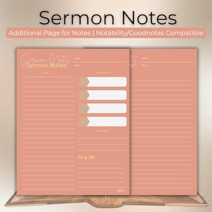 Könnte beinhalten: Eine druckbare Predigtnotizseite mit einem pfirsichfarbenen Hintergrund und braunen Linien. Die Seite ist in zwei Abschnitte unterteilt, einen für Schlüsselschrift und Anwendung und einen für Notizen. Der Text "Sermon Notes" befindet sich oben auf der Seite.