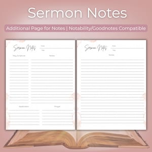 Könnte beinhalten: Zwei leere Predigtnotizseiten mit einem Aquarellhintergrund. Die Seiten sind mit "Sermon Notes" beschriftet und haben Abschnitte für Datum, Titel, Schlüsselschrift, Notizen, Anwendung und Gebet.