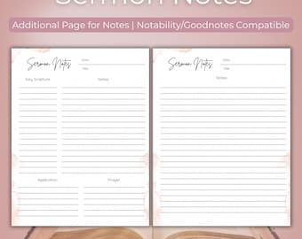 Puede incluir: Dos páginas de notas de sermón en blanco con un fondo de acuarela. Las páginas están etiquetadas como "Sermon Notes" y tienen secciones para la fecha, el título, el versículo clave, las notas, la aplicación y la oración.
