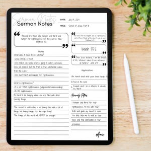 Könnte beinhalten: Eine schwarz-weiße druckbare Predigtnotizvorlage mit dem Titel "Sermon Notes" und dem Datum "14. Juli 2024". Die Vorlage enthält Abschnitte für Notizen, Bibelstellen, Anwendung und Gebet.