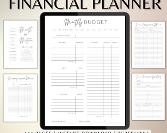 May include: A digital planner with the title "Minimalist Financial Planner" and a page showing a monthly budget template with sections for income, expenses, budget, and spent. The planner has 132 pages and is compatible with GoodNotes.