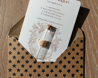 Biglietto auguri fatto a mano con ampolla dei desideri. Illustrazione originale personalizzabile. Idea regalo unico- compleanno, amore