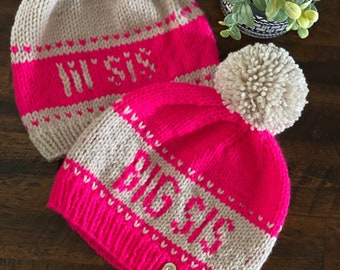 The "Big Sis OR Lil' Sis" beanies, Many Color Choices, Bay shower gift, siblings matching hat, made to order, Handknit