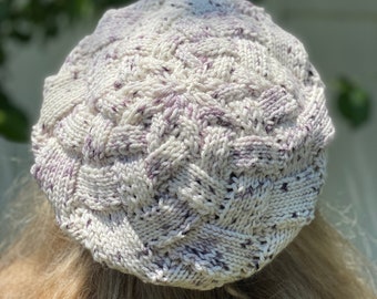 Entrelac hat, hand knitted, 100% merino wool, super lightweight, 4 season hat, CREAM with ink, READY to ship