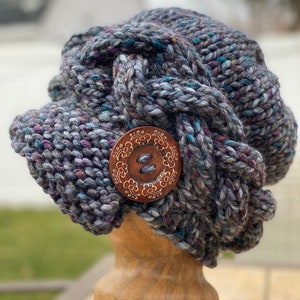 Slouchy cable hat, beanie, braid detail, button detail, color variations available, made to order, acrylic and wool blend, cloche, 1920&#39;s
