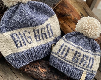 The "Big Bro OR Lil' Bro" beanies, Many Color Choices, Bay shower gift, siblings matching hat, made to order, Handknit