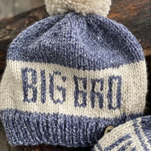 Puede incluir: Un gorro de punto azul y blanco con un pomp&oacute;n blanco en la parte superior. El gorro tiene las palabras "BIG BIRD" bordadas en blanco en la parte delantera.