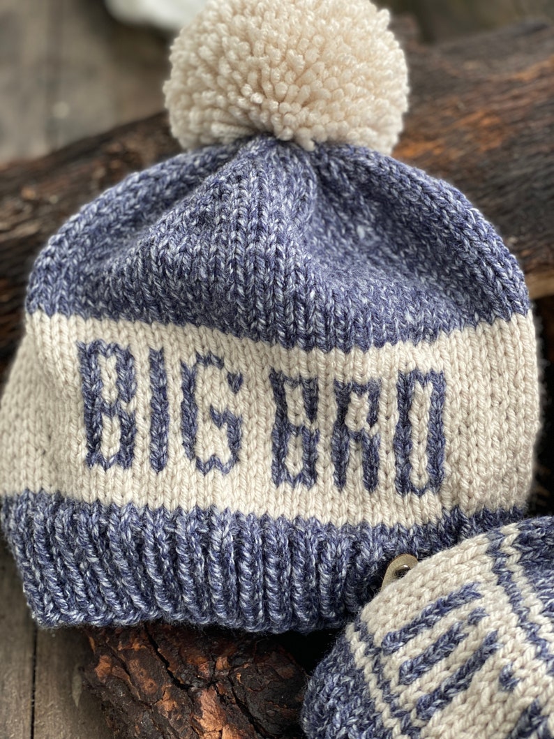 Puede incluir: Un gorro de punto azul y blanco con un pomp&oacute;n blanco en la parte superior. El gorro tiene las palabras "BIG BIRD" bordadas en blanco en la parte delantera.