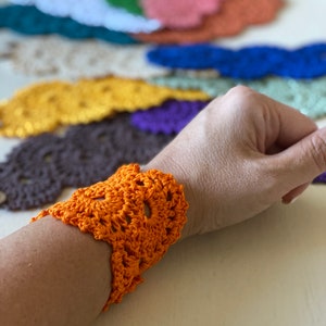 Crochet cuff, bracelet, antique vintage, lace, handmade, Pumpkin orange, Fall bracelet, cotton, made to order