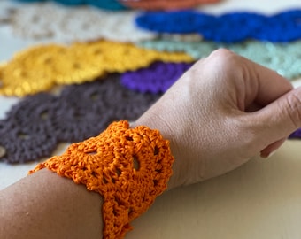 Crochet cuff, bracelet, antique vintage, lace, handmade, Pumpkin orange, Fall bracelet, cotton, made to order