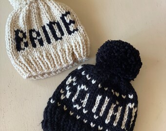 The "SQUAD" beanie, the "BRIDE" beanie, Choice Of Yarn Colors , Warm and Squishy, Adult Size, Handmade, Acrylic and Wool, PomPom