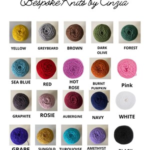 May include: A collection of yarn balls in various colors, including yellow, grey, brown, dark olive, forest, sea blue, red, hot rose, burnt pumpkin, pink, graphite, rosie, aubergine, navy, white, grape, sungold, turquoise, amethyst, and black. The yarn balls are arranged in a grid pattern on a white background. The text "Bespoke Knits by Cinzia" is at the top of the image.