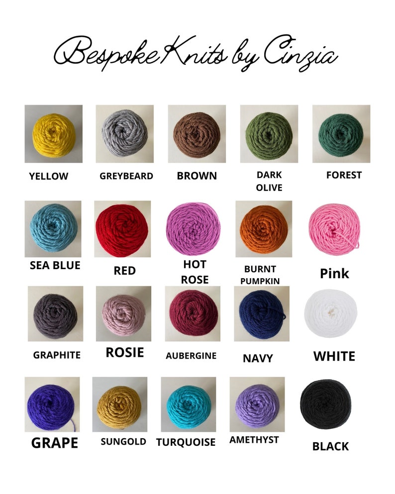 May include: A collection of yarn balls in various colors, including yellow, grey, brown, dark olive, forest, sea blue, red, hot rose, burnt pumpkin, pink, graphite, rosie, aubergine, navy, white, grape, sungold, turquoise, amethyst, and black. The yarn balls are arranged in a grid pattern on a white background. The text "Bespoke Knits by Cinzia" is at the top of the image.