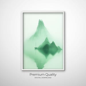 Green Mist Mountain Art Minimalist Wall Art Zen Landscape Print Chinese Ink & Modern Zen Art Ancient China Decor