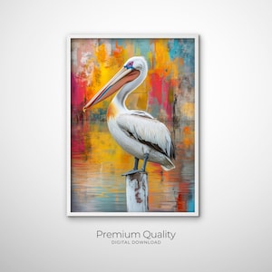 Colorful Pelican Wall Art, Abstract Coastal Pelican Painting, Modern Ocean Colorful Bird Art, Coastal Wall Art for Beach House Decor