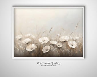 May include: A digital painting of a field of white flowers with a soft, blurred background. The flowers are painted in a realistic style, with delicate petals and a subtle texture. The background is a soft, muted beige color, creating a calming and serene atmosphere.