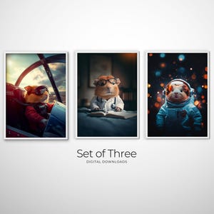 Decoración caprichosa para mascotas, lindas impresiones de mascotas, arte de animales de dibujos animados de conejillos de indias para guardería y un trío de animales adorables para mascotas fotorrealistas.