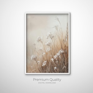 Neutral Wall Art Beige Floral & Muted Tone Print Minimalist Wildflower Oil Art Boho Flower Decor