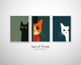 Minimalist Peeking Cat Art, Set of 3 Cat Prints with Black Cat Print and Orange Cat Art, Modern Cat Lover Gift