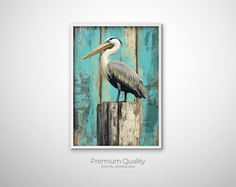 Decorazione murale con pellicano, decorazione murale costiera, dipinto rustico con uccelli, arte per case sulla spiaggia, arte murale nautica, regalo per amanti della natura, arte in legno invecchiato