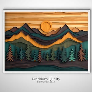 Sunset Mountain Wall Art Laser Cut Wooden Inlay Decor 3D Layered Wood Wall Art Wood Grain Artwork Rustic Mtn Decor Mountain Silhouette